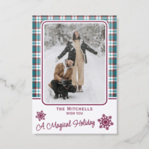 Classy Wine Red Dark Teal Blue White Plaid Holiday Letterpress Photo Cards