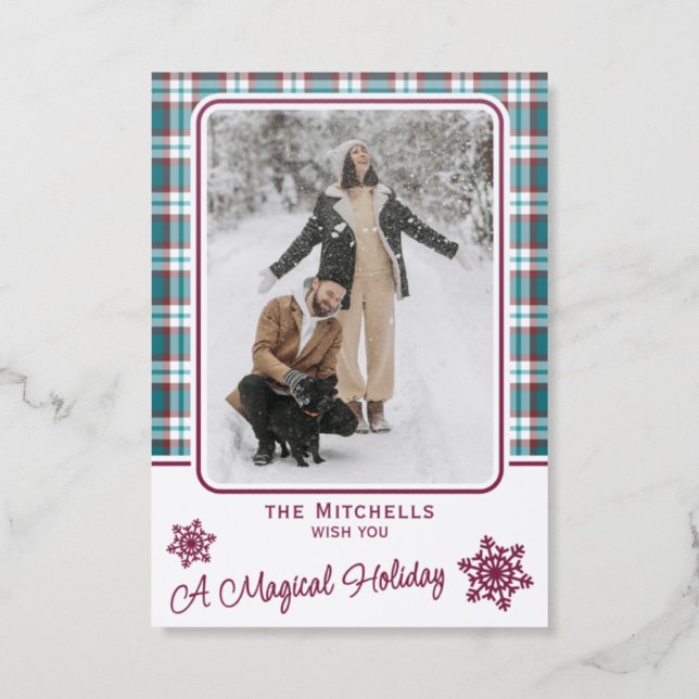 Classy Wine Red Dark Teal Blue White Plaid Holiday Letterpress Photo Cards (Front)