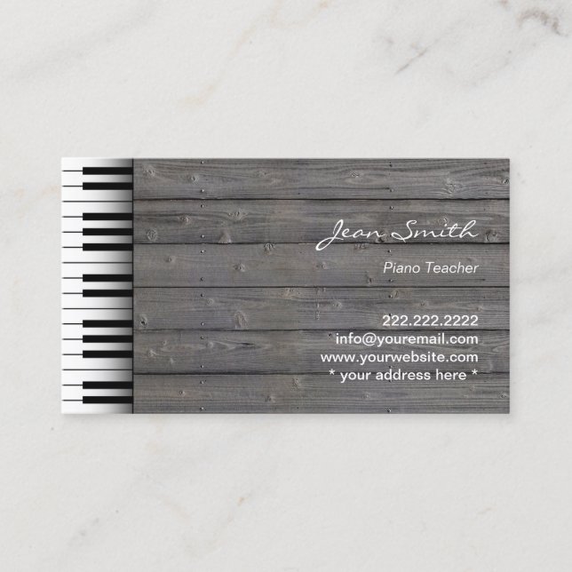 Classy Wood Background Music Piano Teacher Business Card (Front)