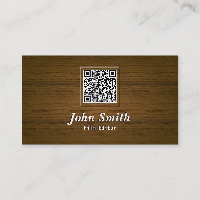 Classy Wood QR Code Film Editor Business Card (Front)