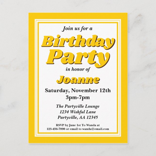 Classy Yellow Adult Birthday Party Invitation Postcard (Front)