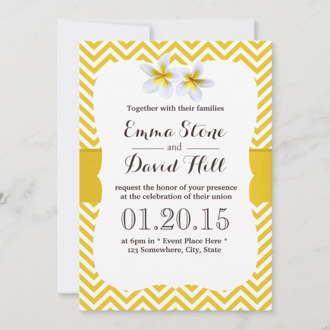 Classy Yellow Chevron Plumeria Wedding Invitation (Front)