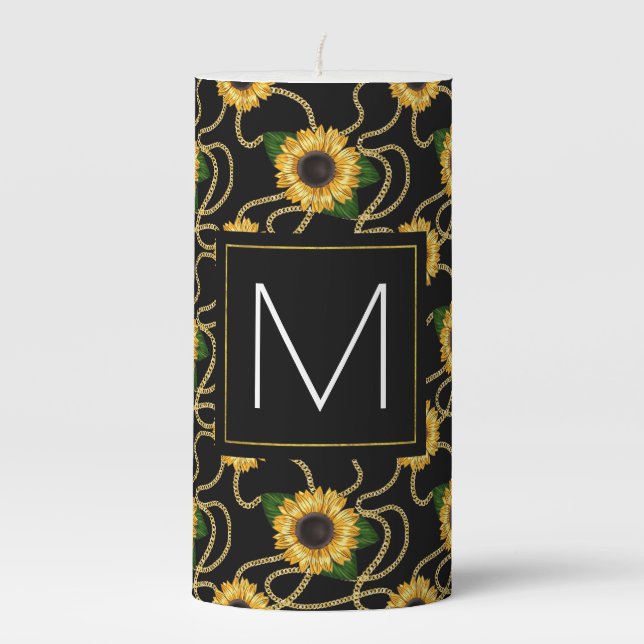 Classy Yellow Sunflowers Stylish Pattern Monogram Pillar Candle (Front)