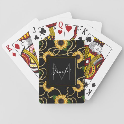 Classy Yellow Sunflowers Stylish Pattern Monogram Poker Cards