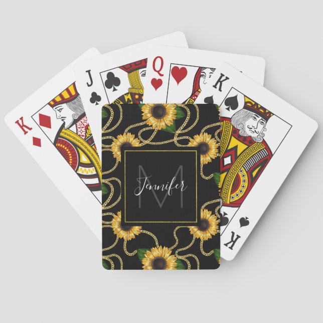 Classy Yellow Sunflowers Stylish Pattern Monogram Poker Cards (Back)