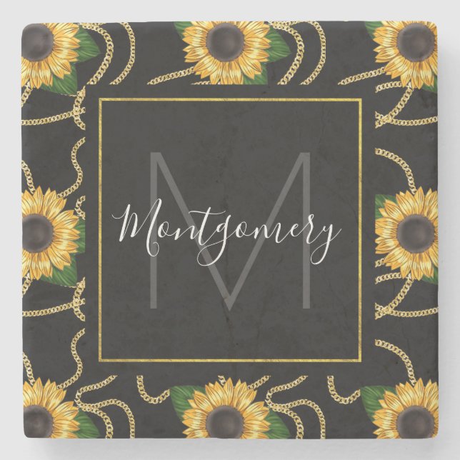 Classy Yellow Sunflowers Stylish Pattern Monogram Stone Coaster (Front)
