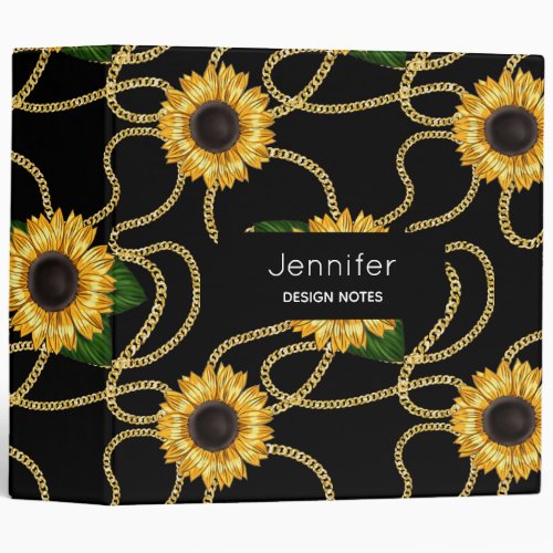 Classy Yellow Sunflowers Stylish Pattern on Black 3 Ring Binder