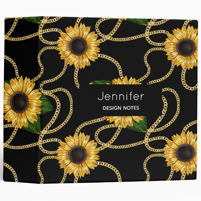 Classy Yellow Sunflowers Stylish Pattern on Black 3 Ring Binder (Front/Spine)