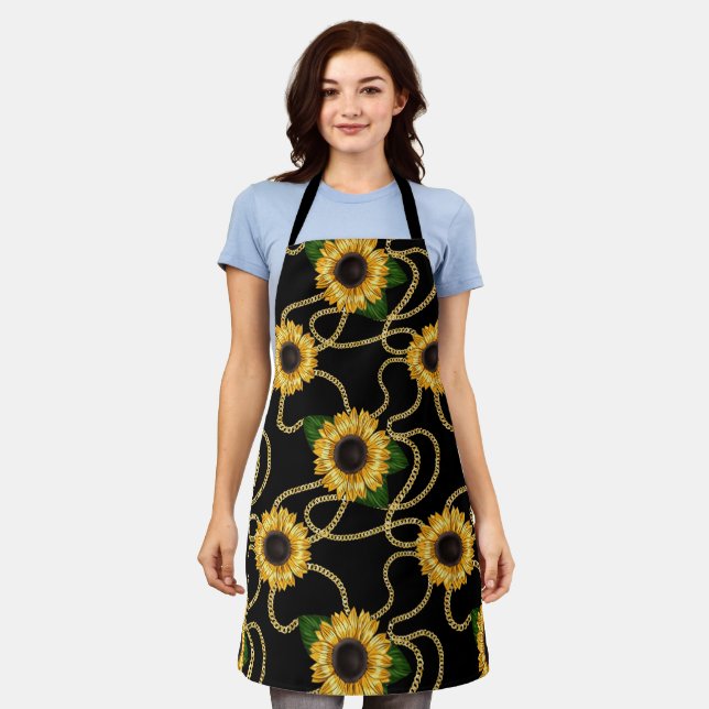 Classy Yellow Sunflowers Stylish Pattern on Black Apron (Worn)