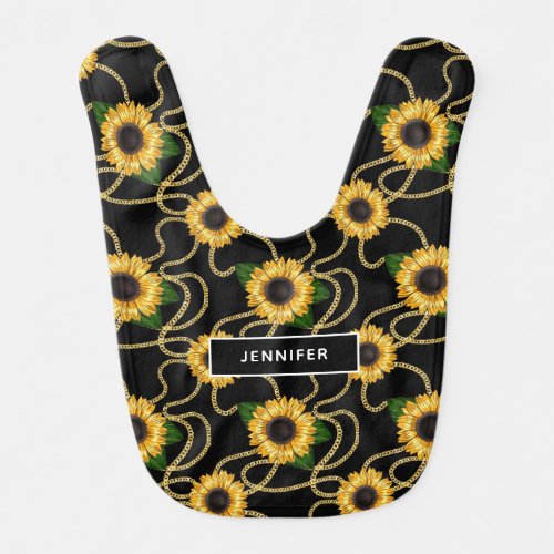 Classy Yellow Sunflowers Stylish Pattern on Black Baby Bib