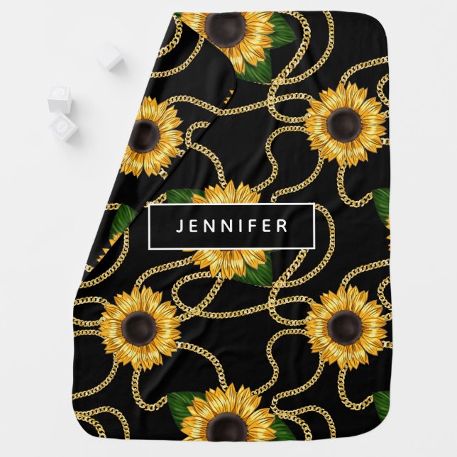 Classy Yellow Sunflowers Stylish Pattern on Black Baby Blanket (In Situ)