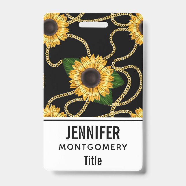 Classy Yellow Sunflowers Stylish Pattern on Black Badge (Front)