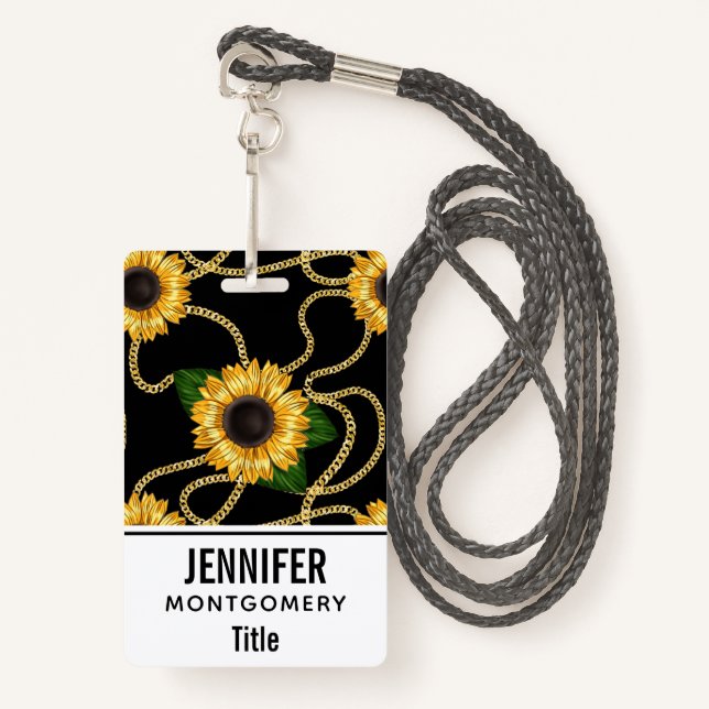 Classy Yellow Sunflowers Stylish Pattern on Black Badge (Front with Lanyard)