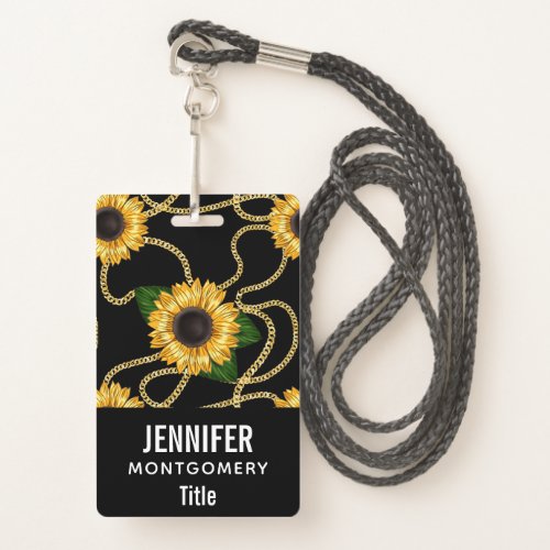 Classy Yellow Sunflowers Stylish Pattern on Black Badge