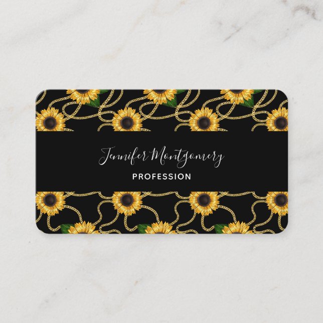 Classy Yellow Sunflowers Stylish Pattern on Black Business Card (Front)