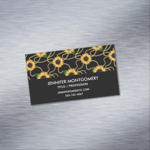 Classy Yellow Sunflowers Stylish Pattern on Black Business Card Magnet