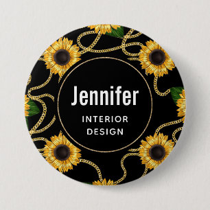 Classy Yellow Sunflowers Stylish Pattern on Black Button