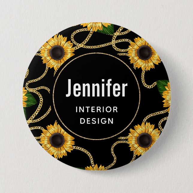 Classy Yellow Sunflowers Stylish Pattern on Black Button (Front)