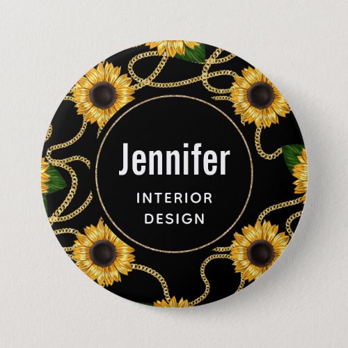 Classy Yellow Sunflowers Stylish Pattern on Black Button