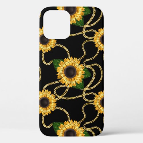 Classy Yellow Sunflowers Stylish Pattern on Black iPhone 12 Case