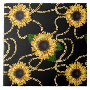 Classy Yellow Sunflowers Stylish Pattern on Black Ceramic Tile