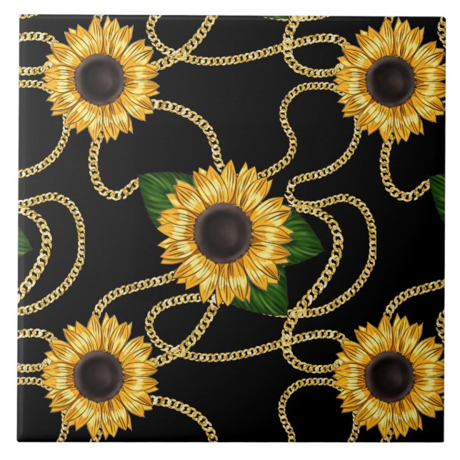 Classy Yellow Sunflowers Stylish Pattern on Black Ceramic Tile (Front)