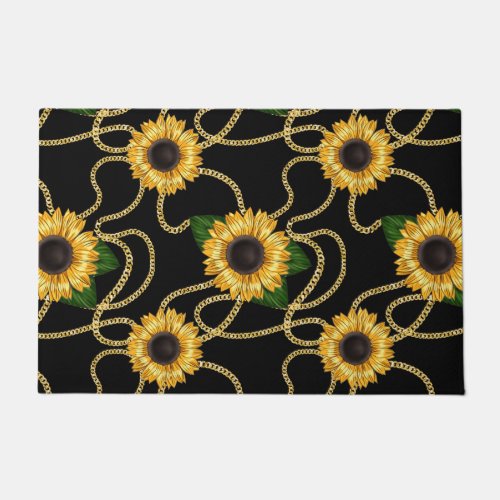 Classy Yellow Sunflowers Stylish Pattern on Black Doormat