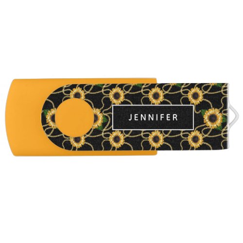 Classy Yellow Sunflowers Stylish Pattern on Black Flash Drive