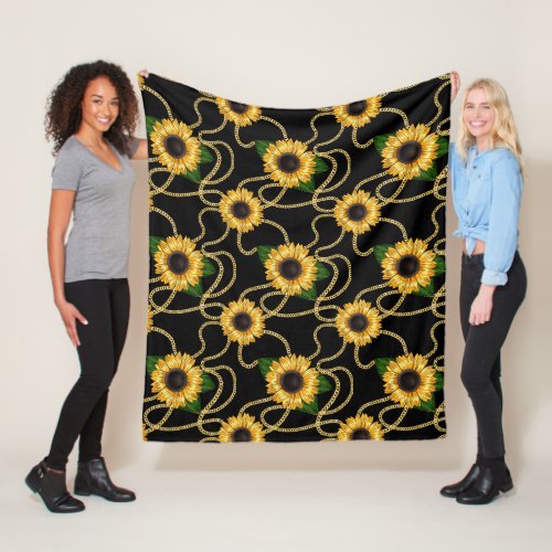 Classy Yellow Sunflowers Stylish Pattern on Black Fleece Blanket