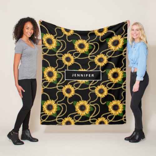 Classy Yellow Sunflowers Stylish Pattern on Black Fleece Blanket