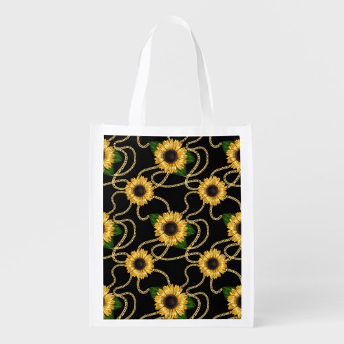 Classy Yellow Sunflowers Stylish Pattern on Black Grocery Bag