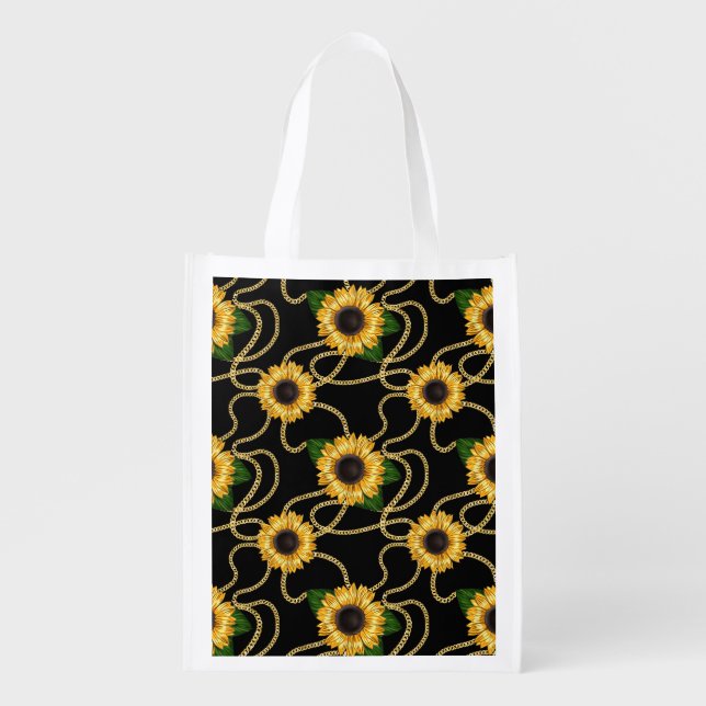 Classy Yellow Sunflowers Stylish Pattern on Black Grocery Bag (Front)