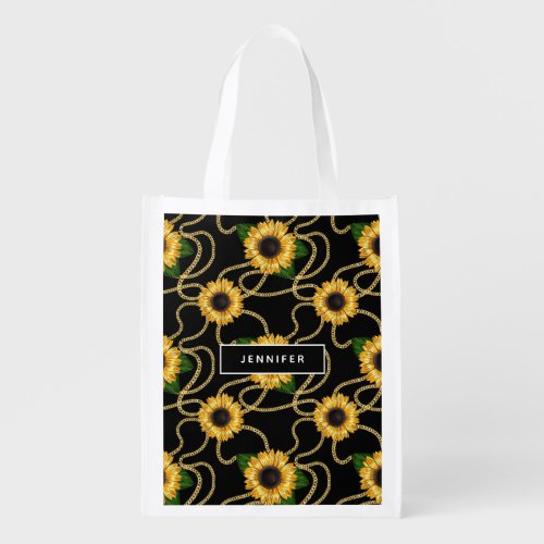 Classy Yellow Sunflowers Stylish Pattern on Black Grocery Bag