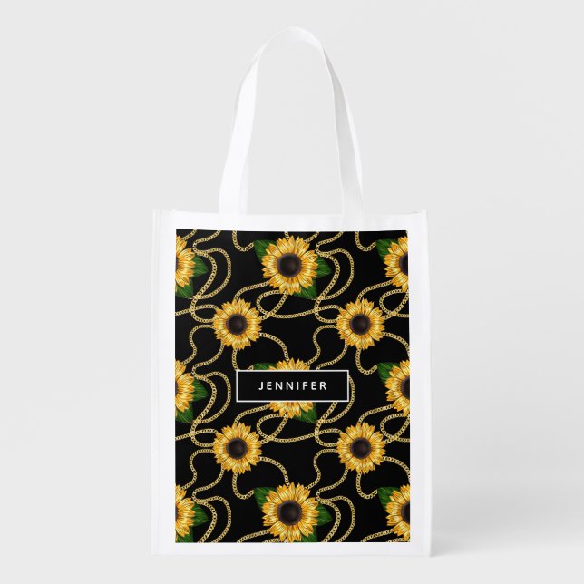 Classy Yellow Sunflowers Stylish Pattern on Black Grocery Bag (Front)