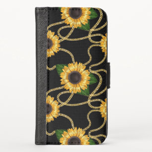 Classy Yellow Sunflowers Stylish Pattern on Black iPhone X Wallet Case