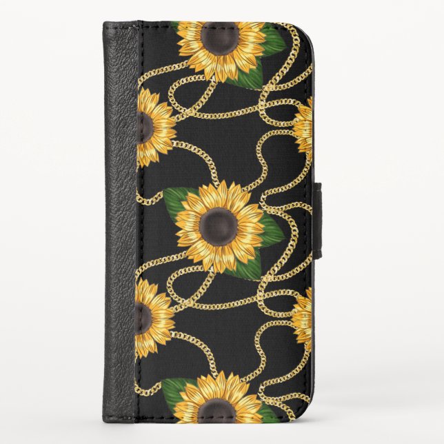 Classy Yellow Sunflowers Stylish Pattern on Black iPhone Wallet Case (Front)