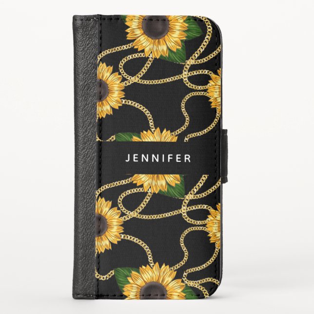 Classy Yellow Sunflowers Stylish Pattern on Black iPhone Wallet Case (Front)