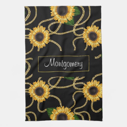 Classy Yellow Sunflowers Stylish Pattern on Black Kitchen Towel