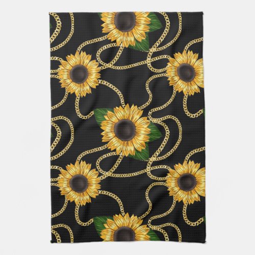 Classy Yellow Sunflowers Stylish Pattern on Black Kitchen Towel