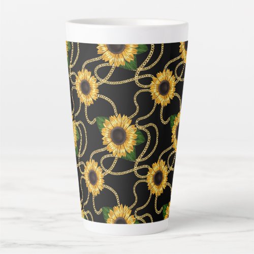 Classy Yellow Sunflowers Stylish Pattern on Black Latte Mug