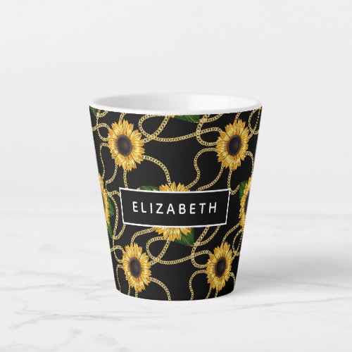 Classy Yellow Sunflowers Stylish Pattern on Black Latte Mug