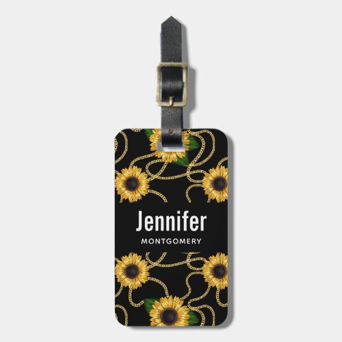 Classy Yellow Sunflowers Stylish Pattern on Black Luggage Tag