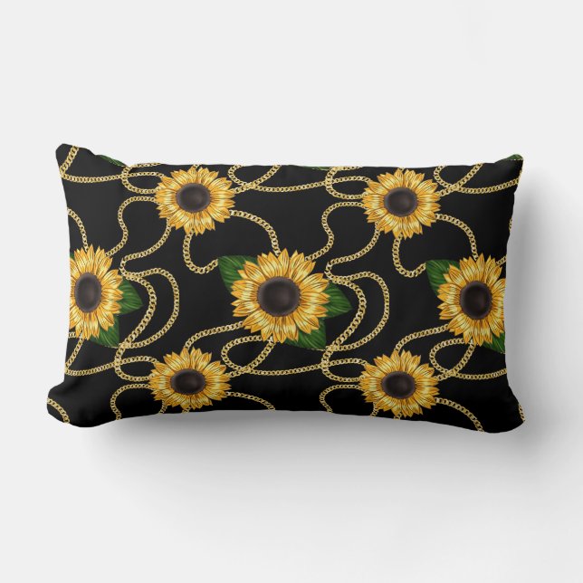 Classy Yellow Sunflowers Stylish Pattern on Black Lumbar Pillow (Front)