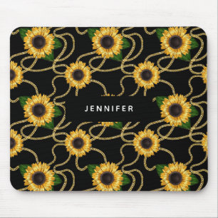Classy Yellow Sunflowers Stylish Pattern on Black Mouse Pad