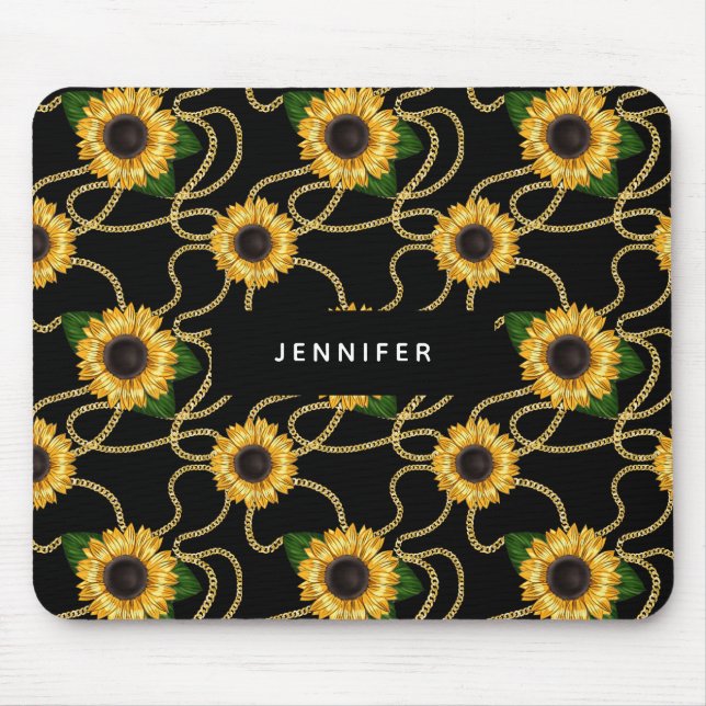 Classy Yellow Sunflowers Stylish Pattern on Black Mouse Pad (Front)