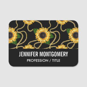 Classy Yellow Sunflowers Stylish Pattern on Black Name Tag