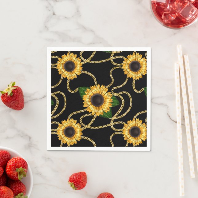 Classy Yellow Sunflowers Stylish Pattern on Black Napkins (Insitu)