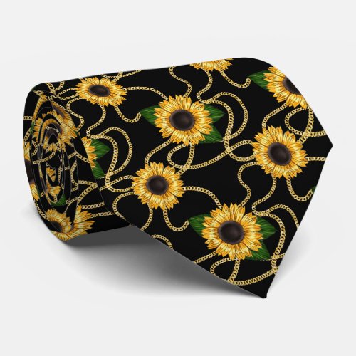 Classy Yellow Sunflowers Stylish Pattern on Black Neck Tie