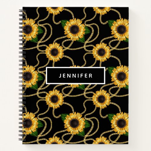 Classy Yellow Sunflowers Stylish Pattern on Black Notebook