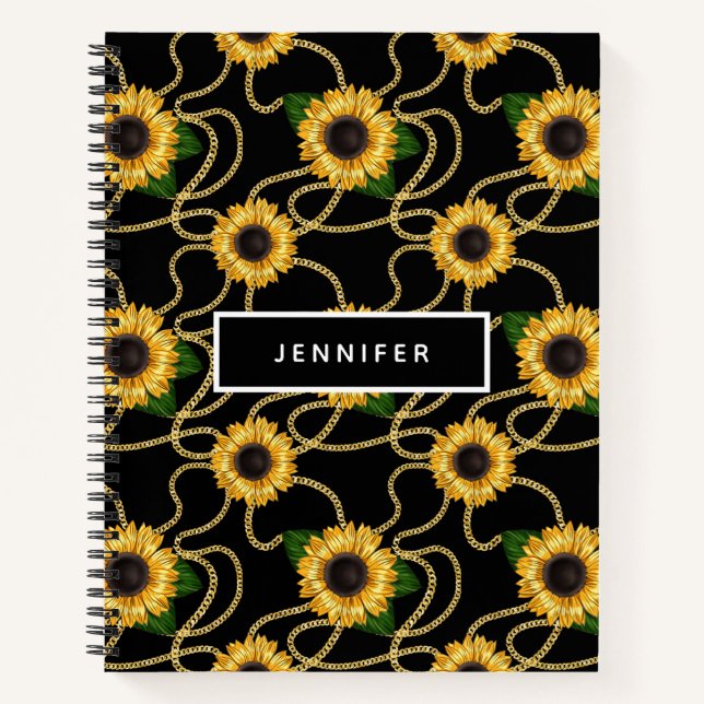 Classy Yellow Sunflowers Stylish Pattern on Black Notebook (Front)